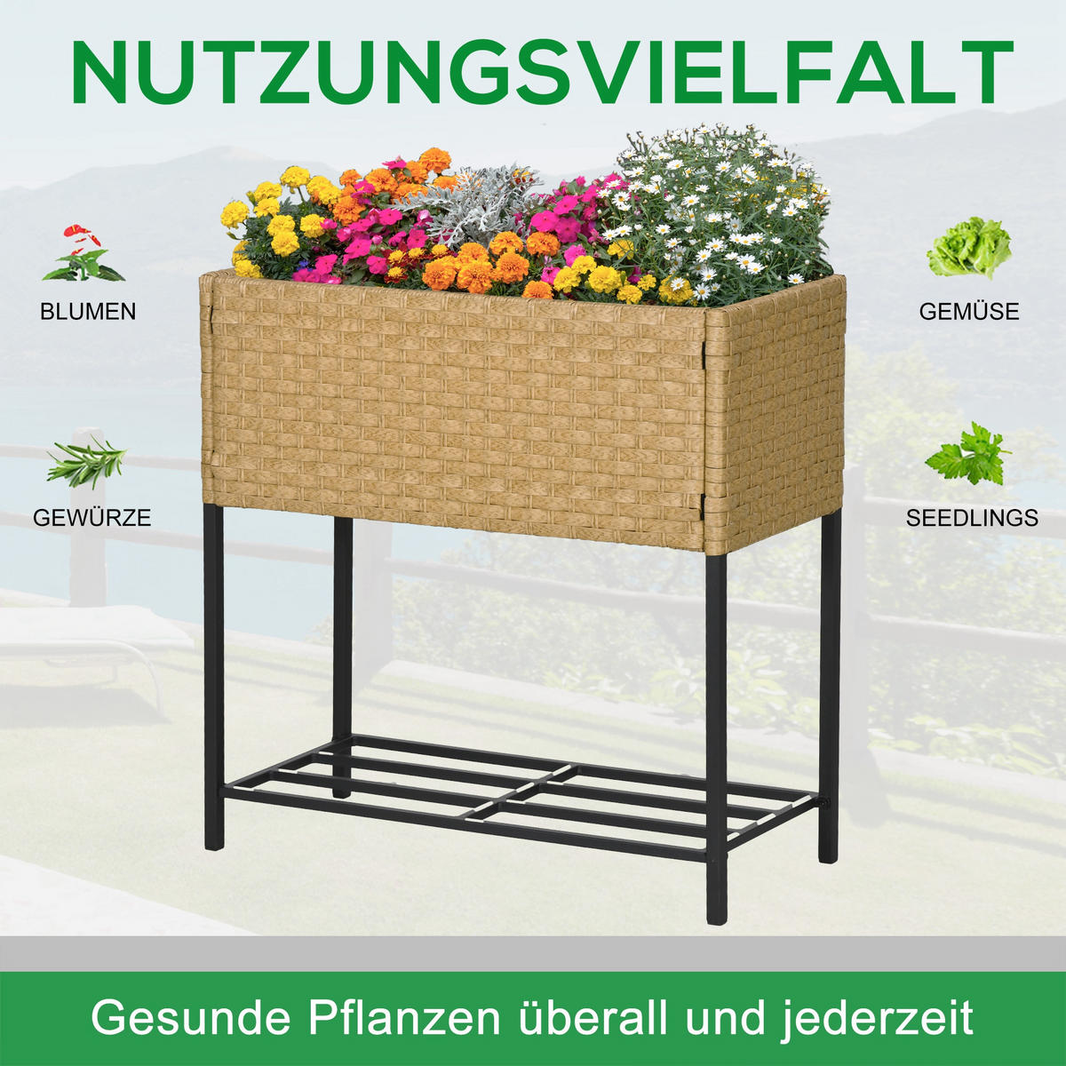 POLY Rattan, Hochbeet, Blumenkasten - Sandfarben, Metall (30/70/70cm) - Outsunny