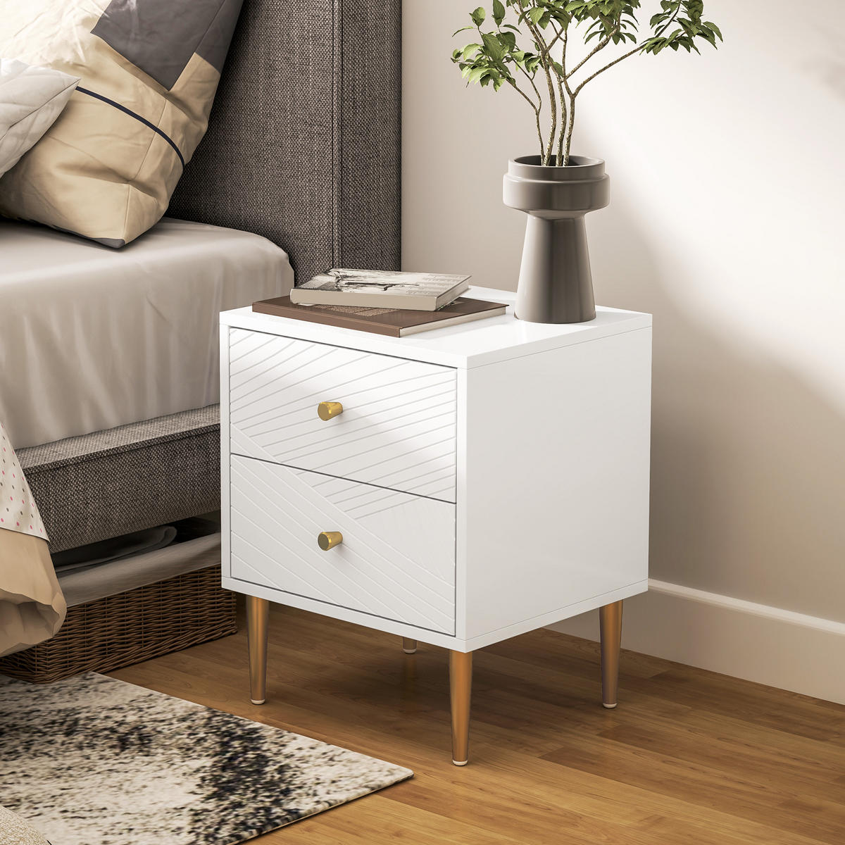 NACHTSCHRANK DE-12858 2 Schubladen, goldene Akzente Weiß - Weiß, Holzwerkstoff (35/50/40cm) - ComfortXL