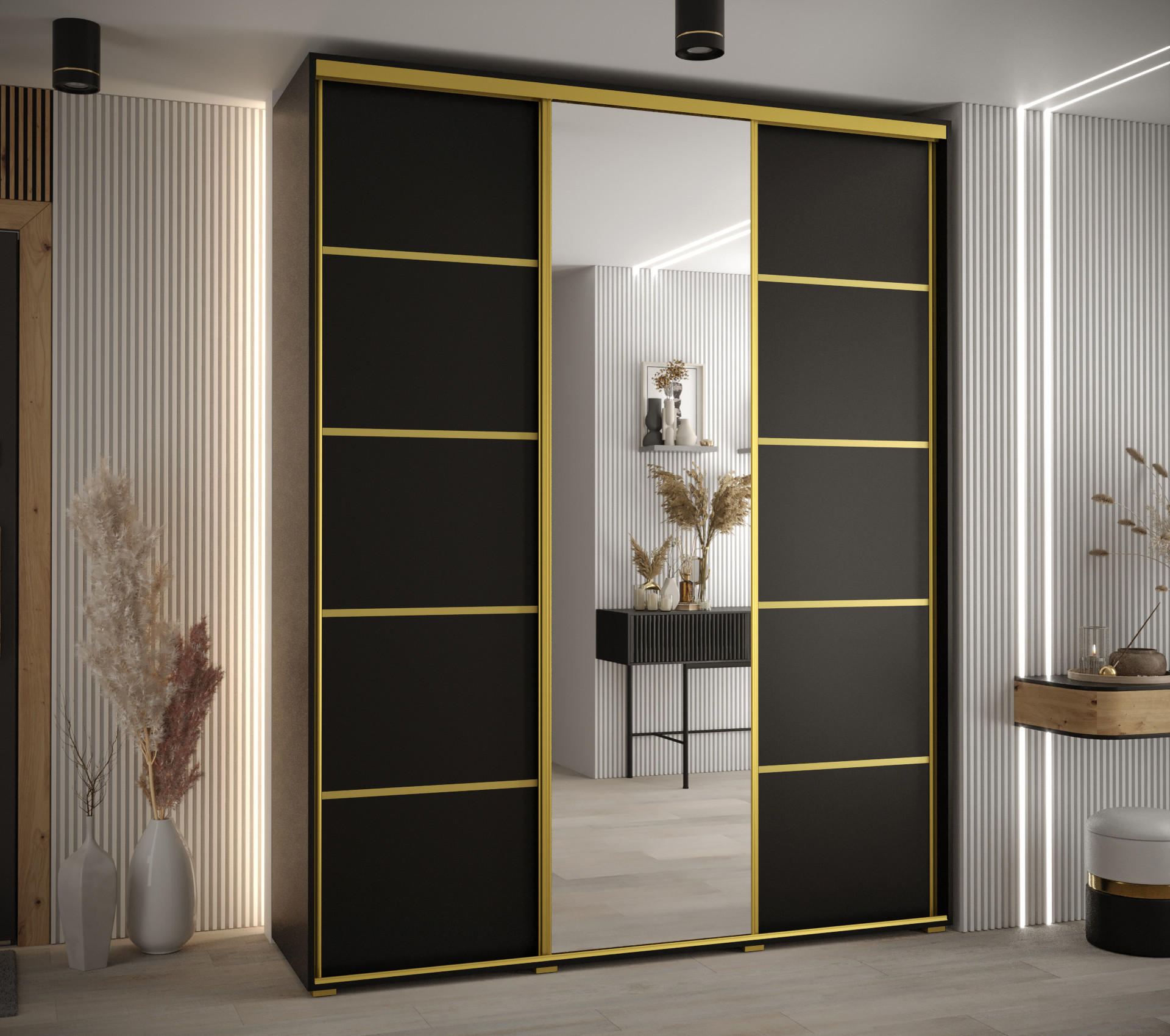 SCHWEBETÜRENSCHRANK 235,2/180/45 3-türig - Goldfarben/Schwarz, Holz/Metall (180/235/45cm) - Abiks Möbel