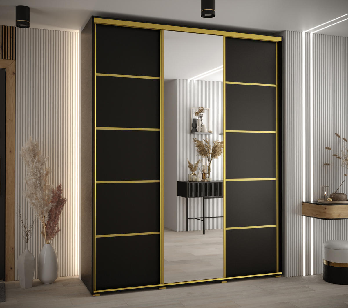 SCHWEBETÜRENSCHRANK 235,2/190/60 3-türig - Goldfarben/Schwarz, Holz/Metall (190/235/60cm) - Abiks Möbel