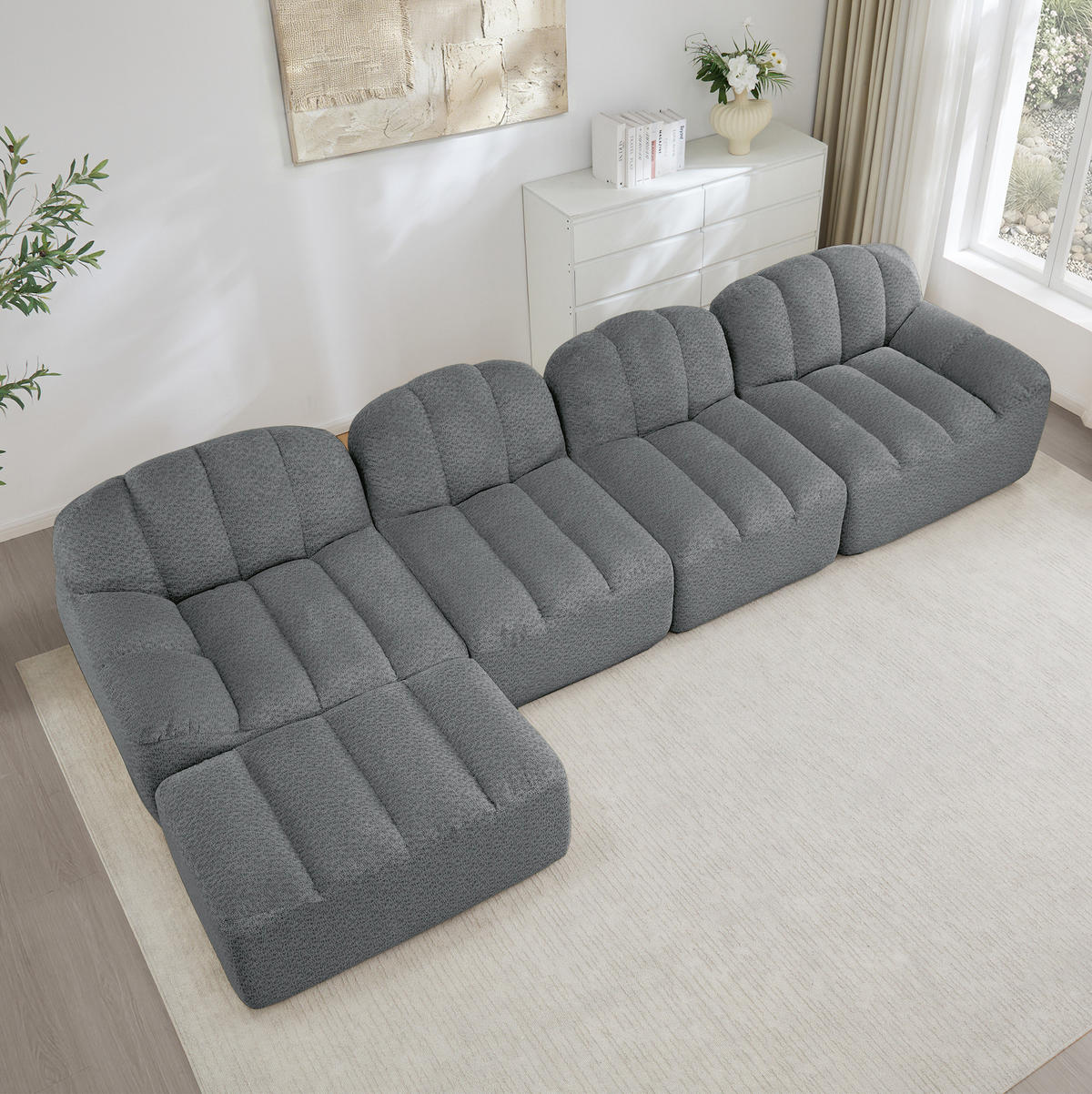 SOFA modular 4-Sitzer mit Ottoman Granular Fleece Grey - Grau, Kunststoff (165/366cm) - Meubliv