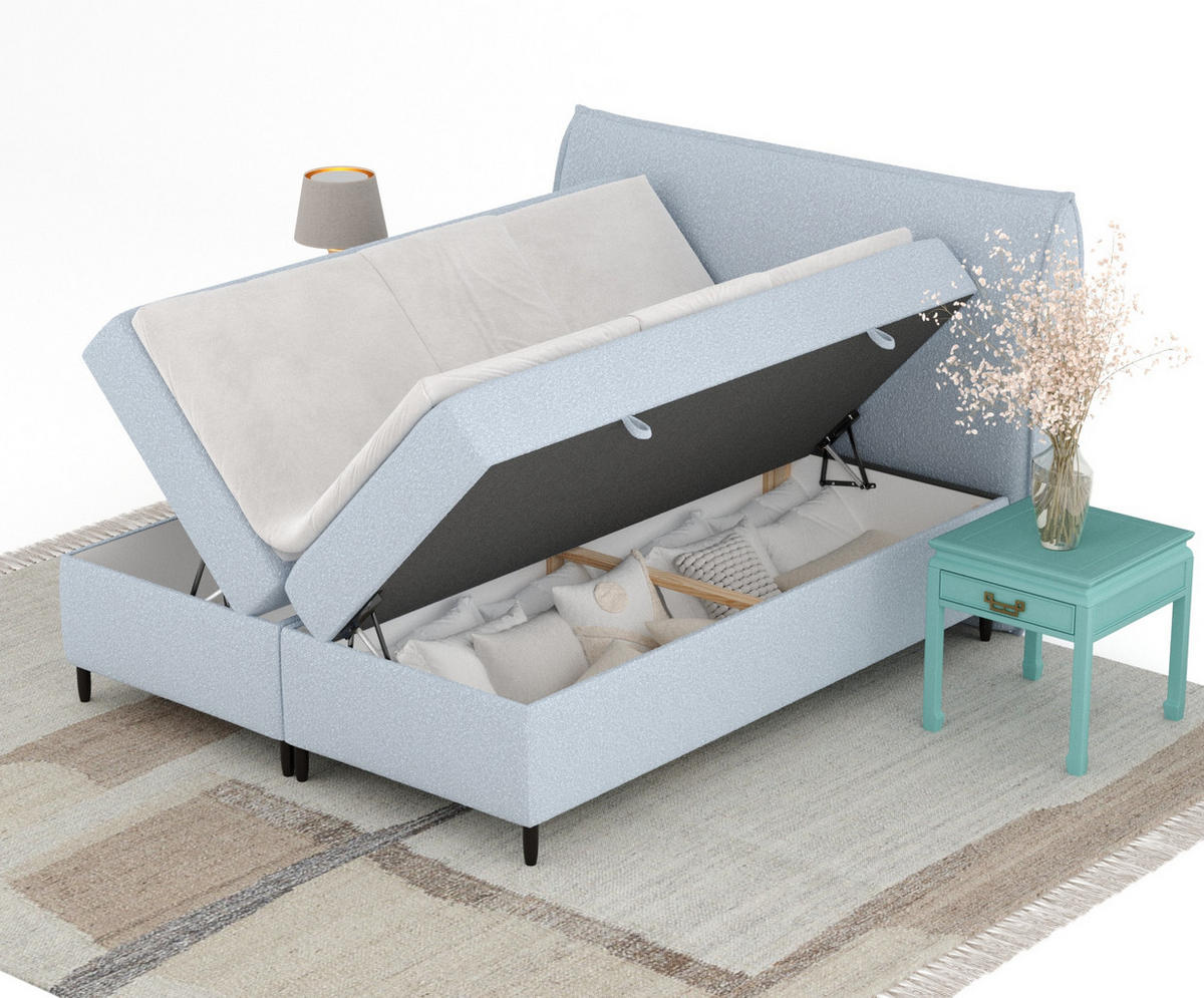 BOXBETT 200/200 cm Corvus, in Pastellblau, Matratze, Topper, Bettkasten, H4 = sehr fest - Pastellblau/Schwarz, Holz/Holzwerkstoff (200/200cm) - Maison de Reve