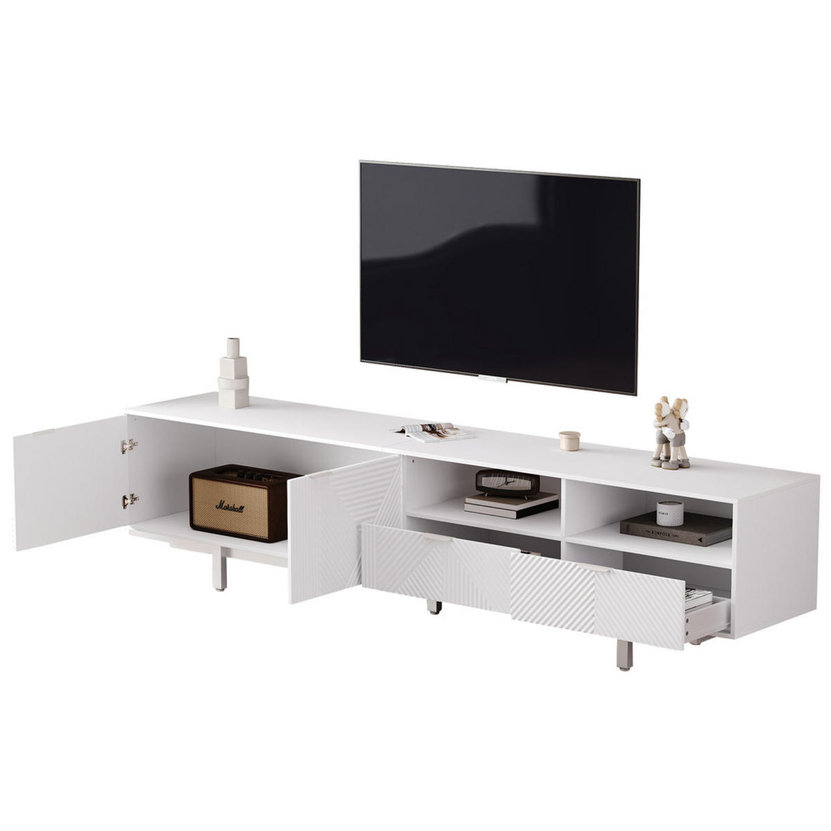 TV-SCHRANK 200x40cm Modern abstrakte Linien Stauraum Weiß bis 90 Zoll - Weiß, Holz (52.07/12.19/115.06cm) - FLIEKS