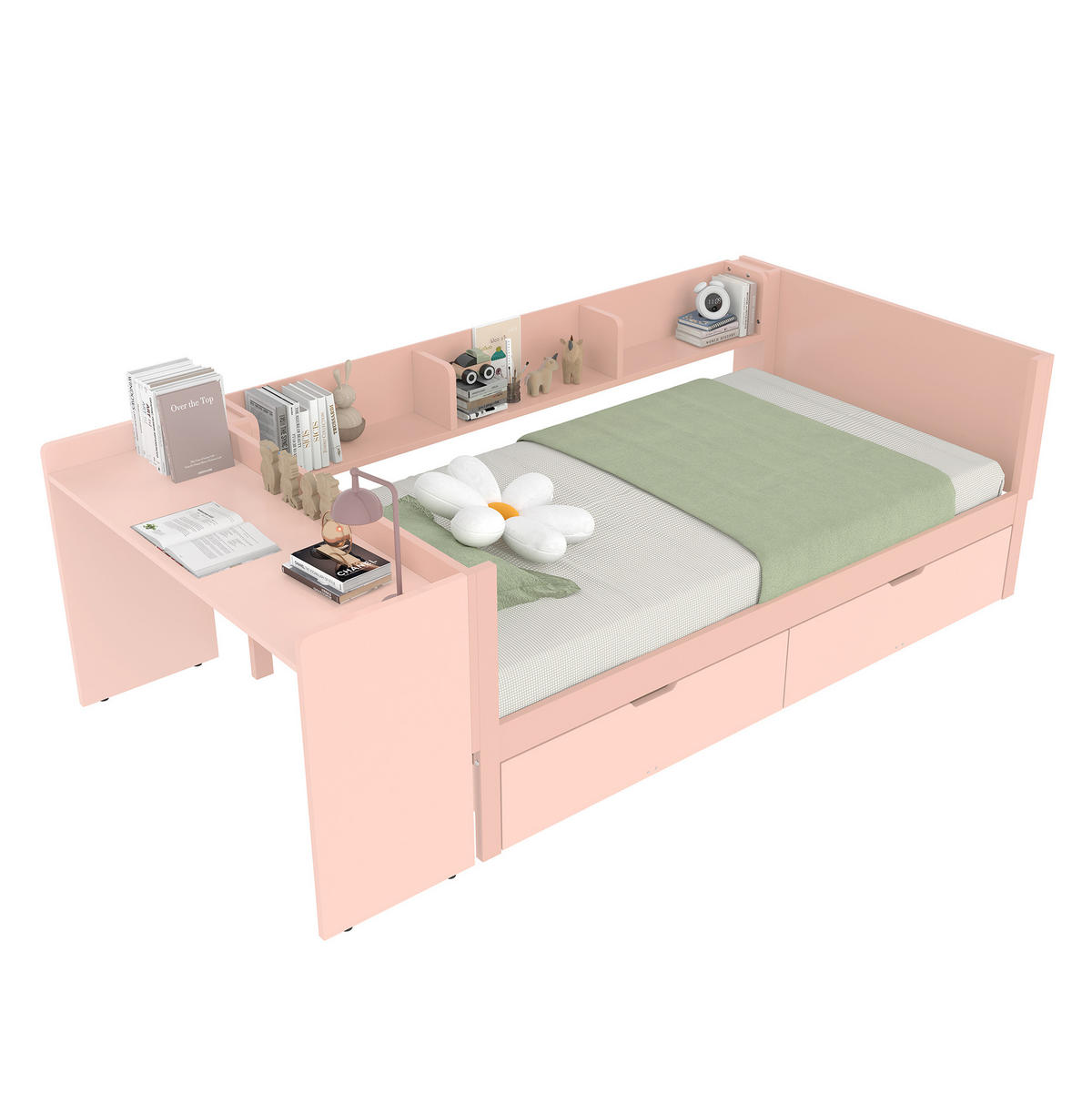 RAHMENBETT 90/200 cm mit Schreibtisch und 2 Schubladen in Rosa - Rosa, Holz - BEAOK