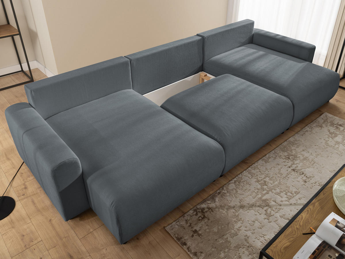 WOHNLANDSCHAFT Calma mit Schlaffunktion und Bettkasten im Bumpy-Design aus weichem Dunkelgrau Webstoff - Dunkelgrau/Schwarz, Holz/Textil (336/88/140cm) - S-Style