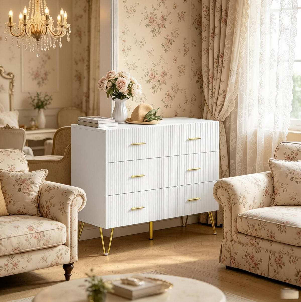 KOMMODE in Weiß und Gold 100x40x75 cm mit 6 Schubladen - Weiß, Holzwerkstoff (40/75/100cm) - IVMEU