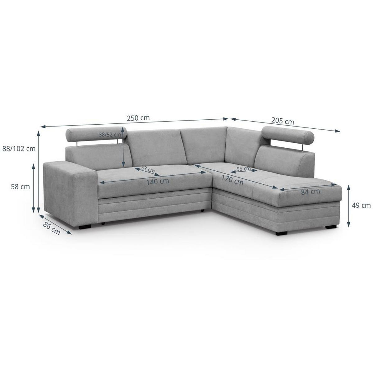 ECKSCHLAFSOFA Roma grau rechts - Schwarz/Grau, Textil (250/205cm) - Beautysofa
