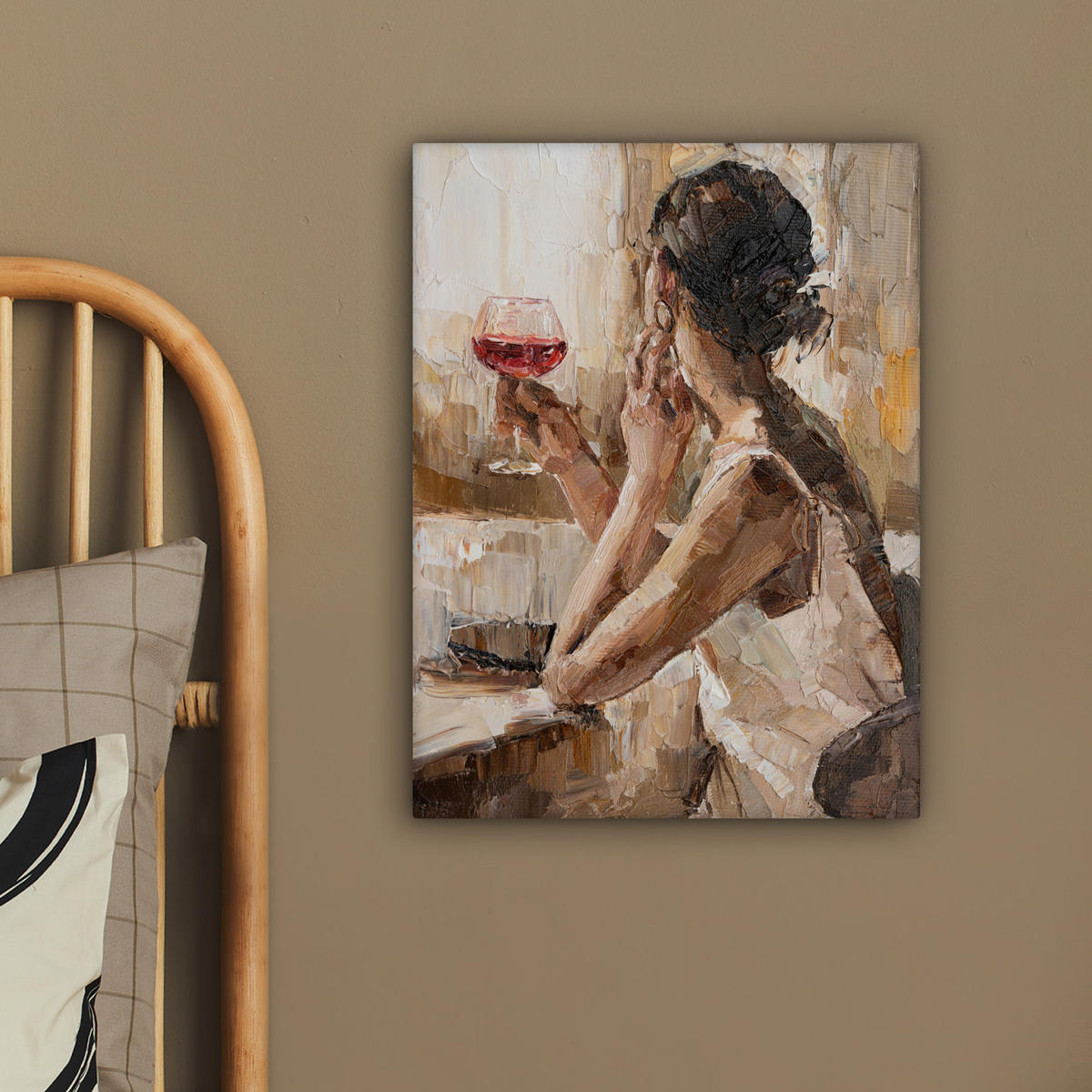 LEINWANDBILD Ölgemälde - Frau - Wein 30x40 cm - Hellbraun, Textil (30/40cm) - MuchoWow