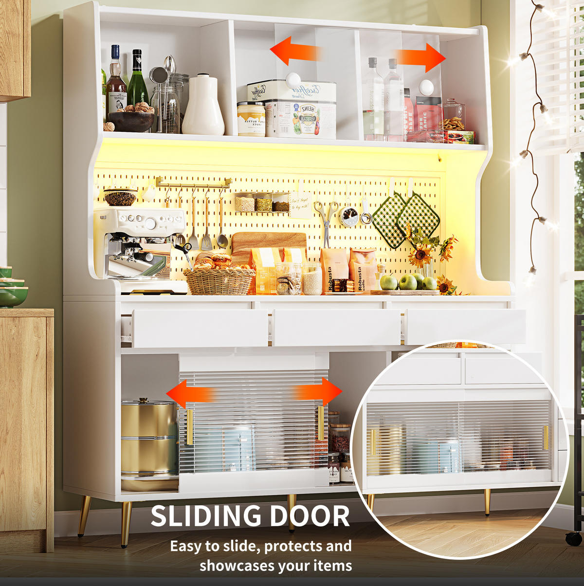 BUFFET 145/171/39 cm Weiß aus MDF und Glas mit LED-Beleuchtung - Weiß, Holzwerkstoff (39/171/145cm) - OKMYHOME