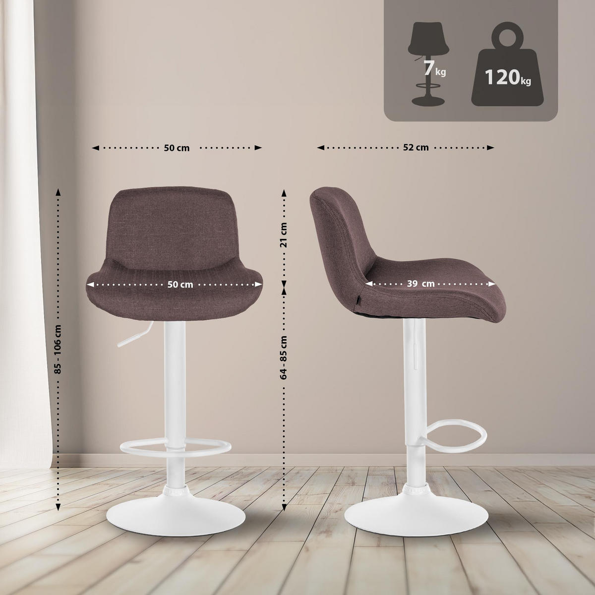 BARHOCKER Stoff dunkelbraun - Dunkelbraun/Weiß, Textil/Metall (50/85/50cm) - CLP