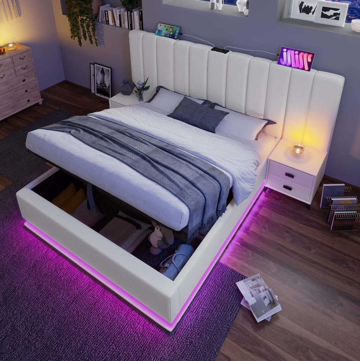 BETT mit Stauraum, LED und Ladefunktion 180x200 cm PU Weiß - Weiß, Metall (180/200cm) - Meubliv