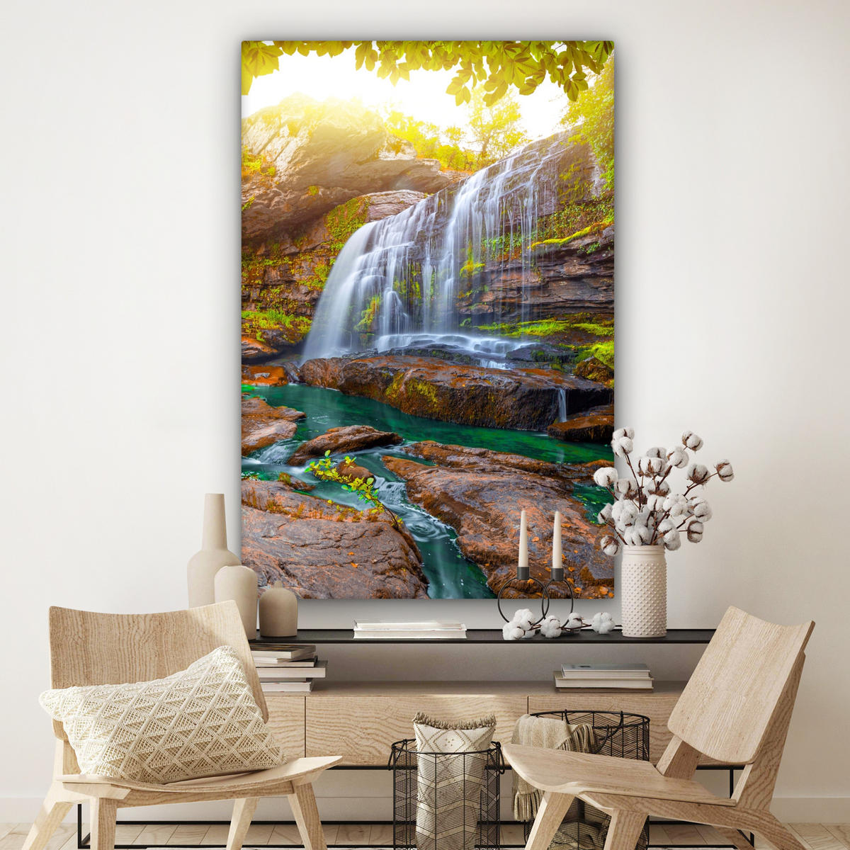SLIKA NA PLATNU Slap 90x140 cm - olivno zelena, tekstil (90/140cm) - MuchoWow