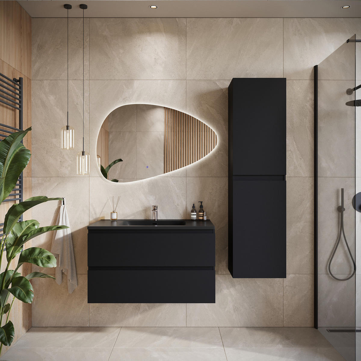 WASCHTISCHKOMBI Angela 2 Teile - Schwarz Matt Mit Schwarzem Waschbecken - 80 x 48 x 52 cm - Schwarz, Holz (80/52/48cm) - Badplaats