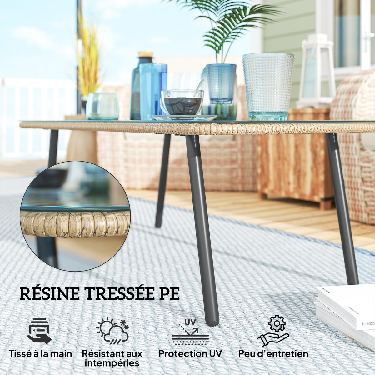 GARTENBEISTELLTISCH DE-13632 rechteckig mit Glasplatte, Holzoptik Natur - Naturfarben, Metall (110/60/40cm) - ComfortXL