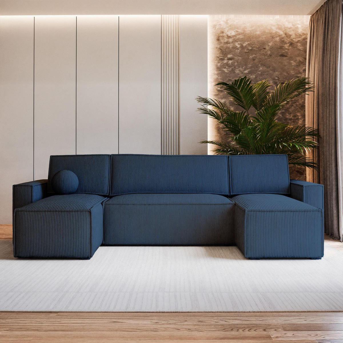 ROHOVÁ SEDAČKA PESANO modrá - šedá/modrá, dřevo/textil (306/140cm) - MASSENO