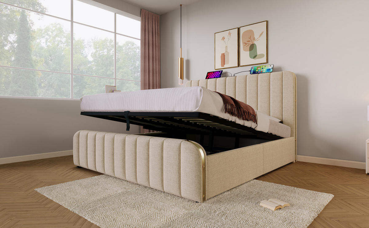 POLSTERBETT 180/200 cm in Beige Leinen mit Stauraum, USB und Type-C - Beige, Holzwerkstoff/Textil (180/200cm) - WISHDOR