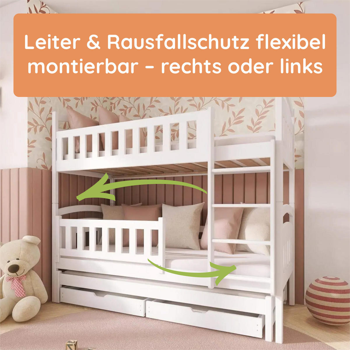 ETAGENBETT 90x200 cm mit Ausziehbett, zwei Schubladen & drei Matratzen in Weiß - Weiß, Holz (90/200cm) - Kids Collective