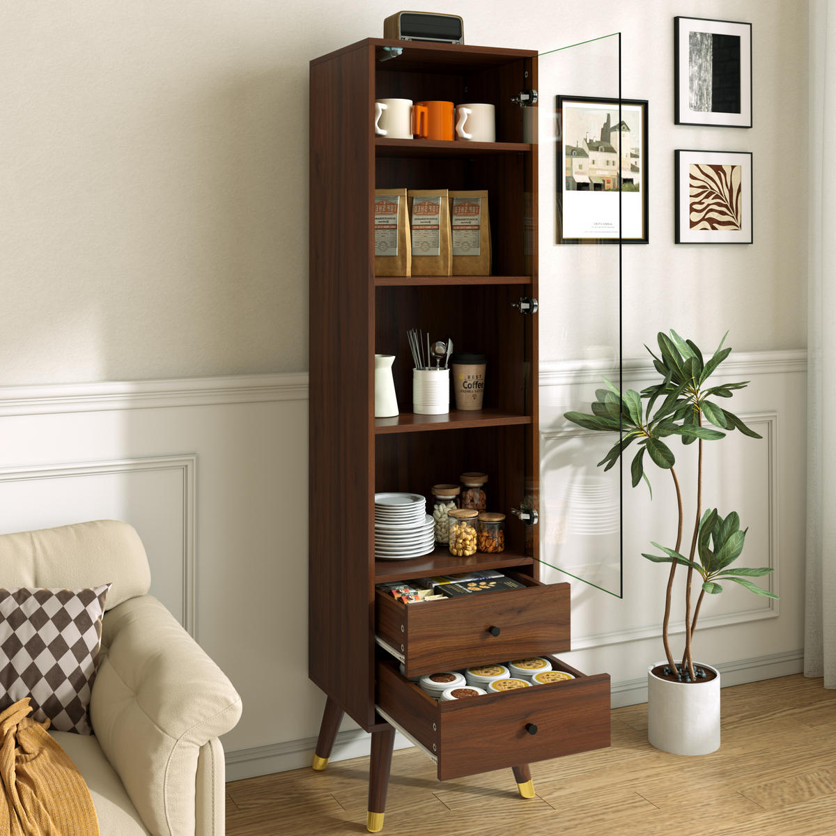 VITRINE in Walnussfarben mit Glastür und 2 Schubladen für Wohnzimmer, B39,8/T35/H160 cm - Transparent/Walnussfarben, Glas/Holzwerkstoff (39.8/160/35cm) - STILVORA