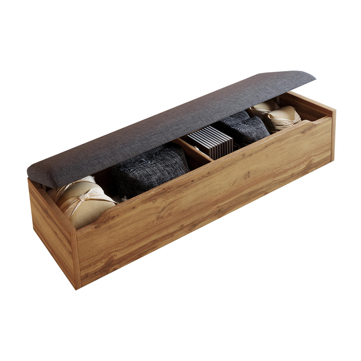 BETTANLAGE 180/200 cm in Eiche mit Leselampen, USB, Type-C, Nachttischen und Sitzbank Metall, Holz & Leinen Design - Eichefarben/Grau, Holzwerkstoff/Textil (180/200cm) - STILVORA