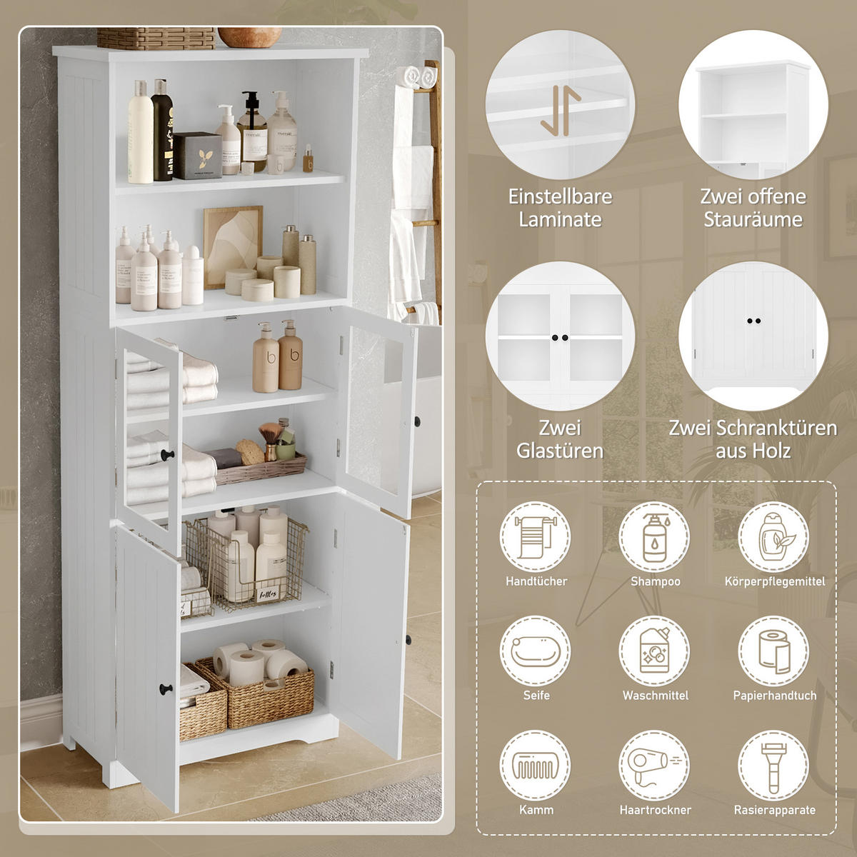 BADEZIMMER-HOCHSCHRANK 57.4x28.5x160cm in Weiß, feuchtigkeitsbeständig mit 4 Türen - Weiß, Holzwerkstoff (57.4/160/28.5cm) - Modfu