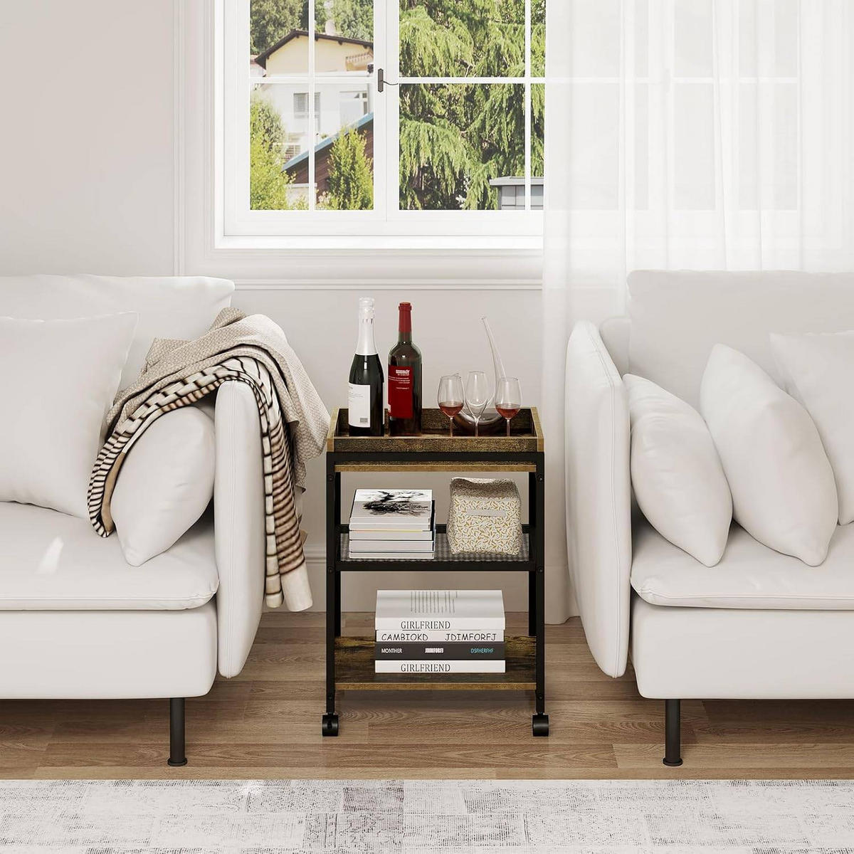 BEISTELLTISCH, mit Rollen, 3 Ablagen 1 abnehmbares Tablett - Dunkelbraun/Schwarz, Holzwerkstoff/Metall (28.5/41.5/51.5cm) - Woltu