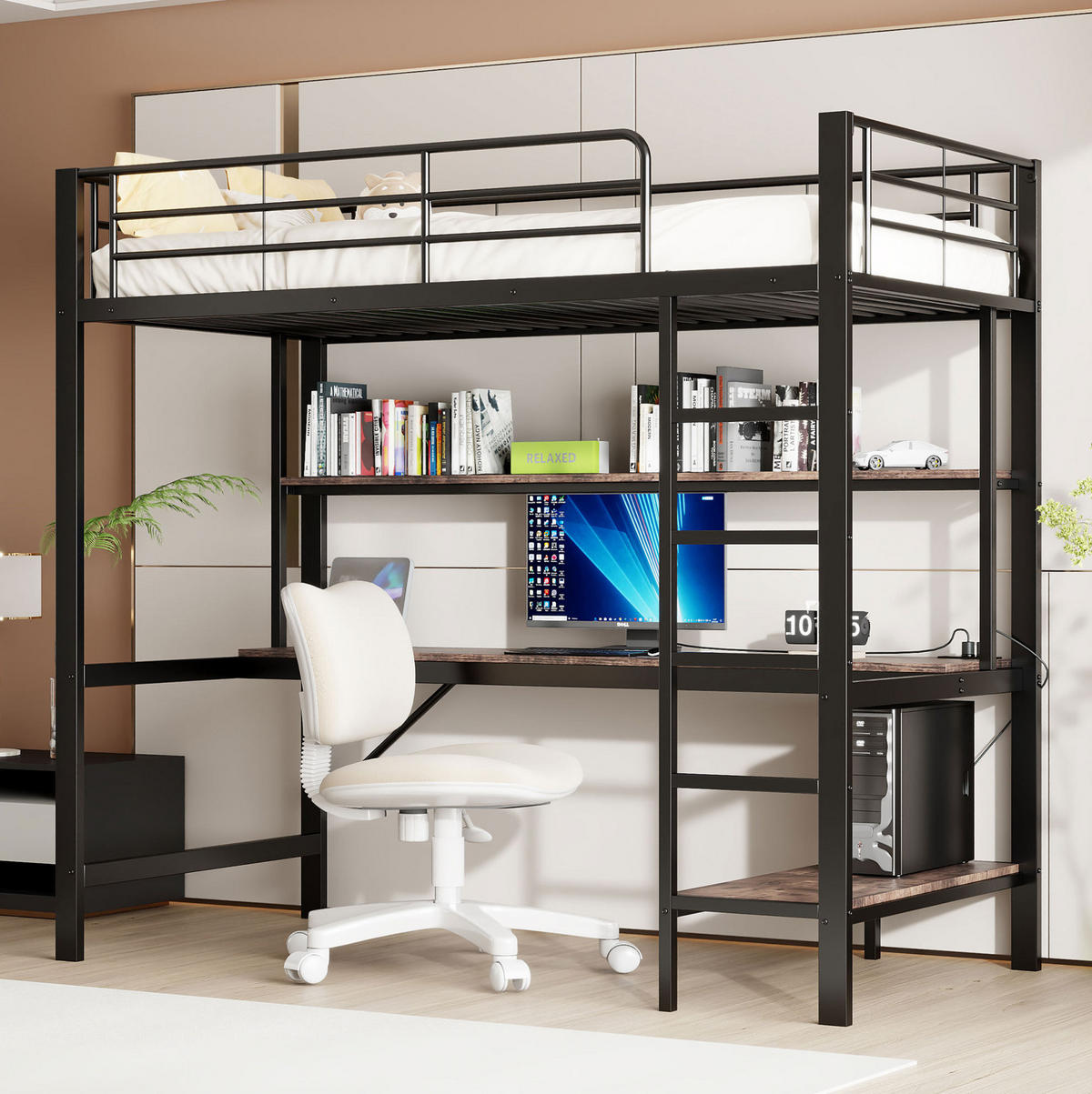 HOCHBETT 90/200 cm Schwarz aus Metall mit Schreibtisch - Schwarz, Metall (90/200cm) - OKMYHOME