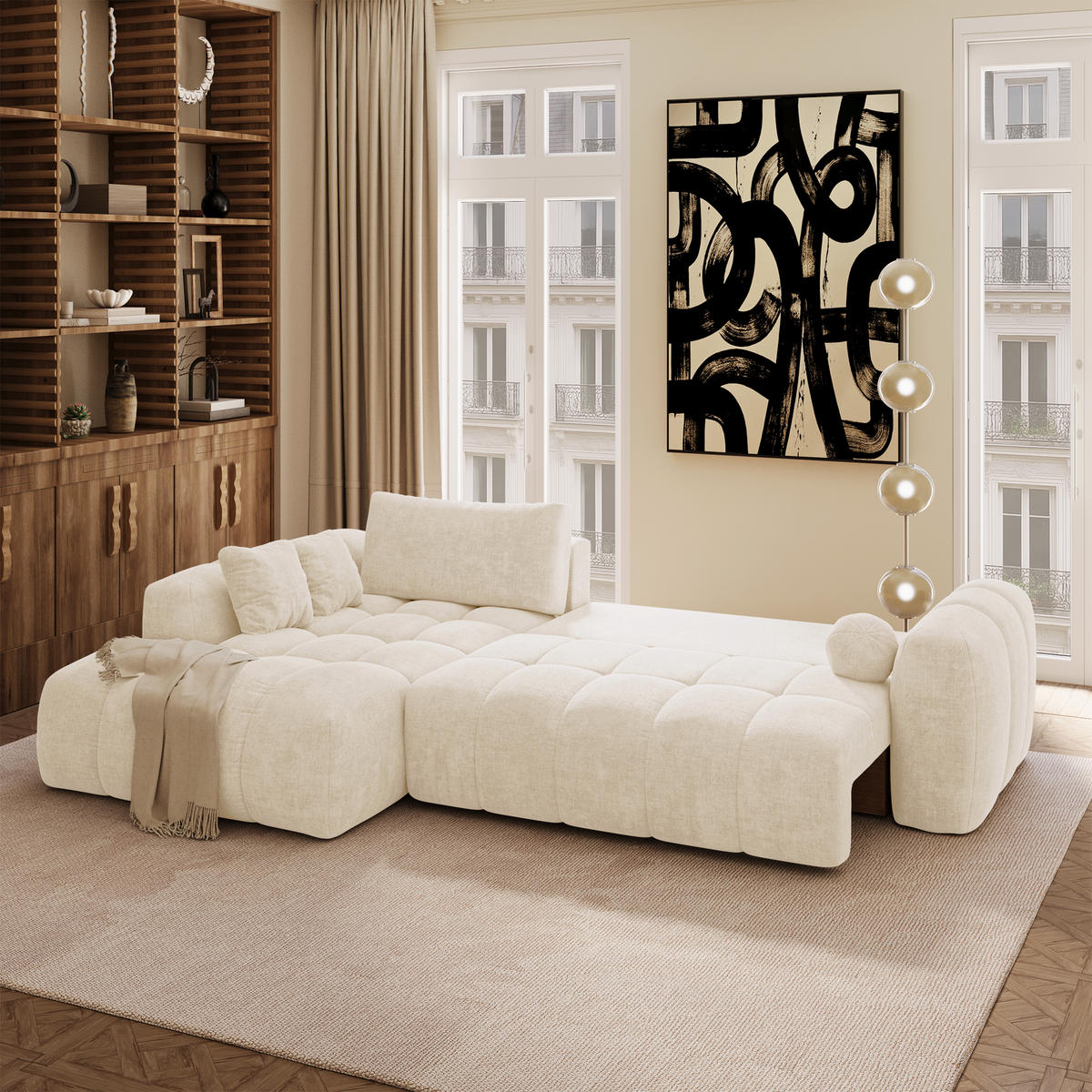 LINKSECK-SCHLAFSOFA mit Stauraum SKY Köpergewebe Creme 310cm - Creme, Textil (310/180cm) - Premium Interiors