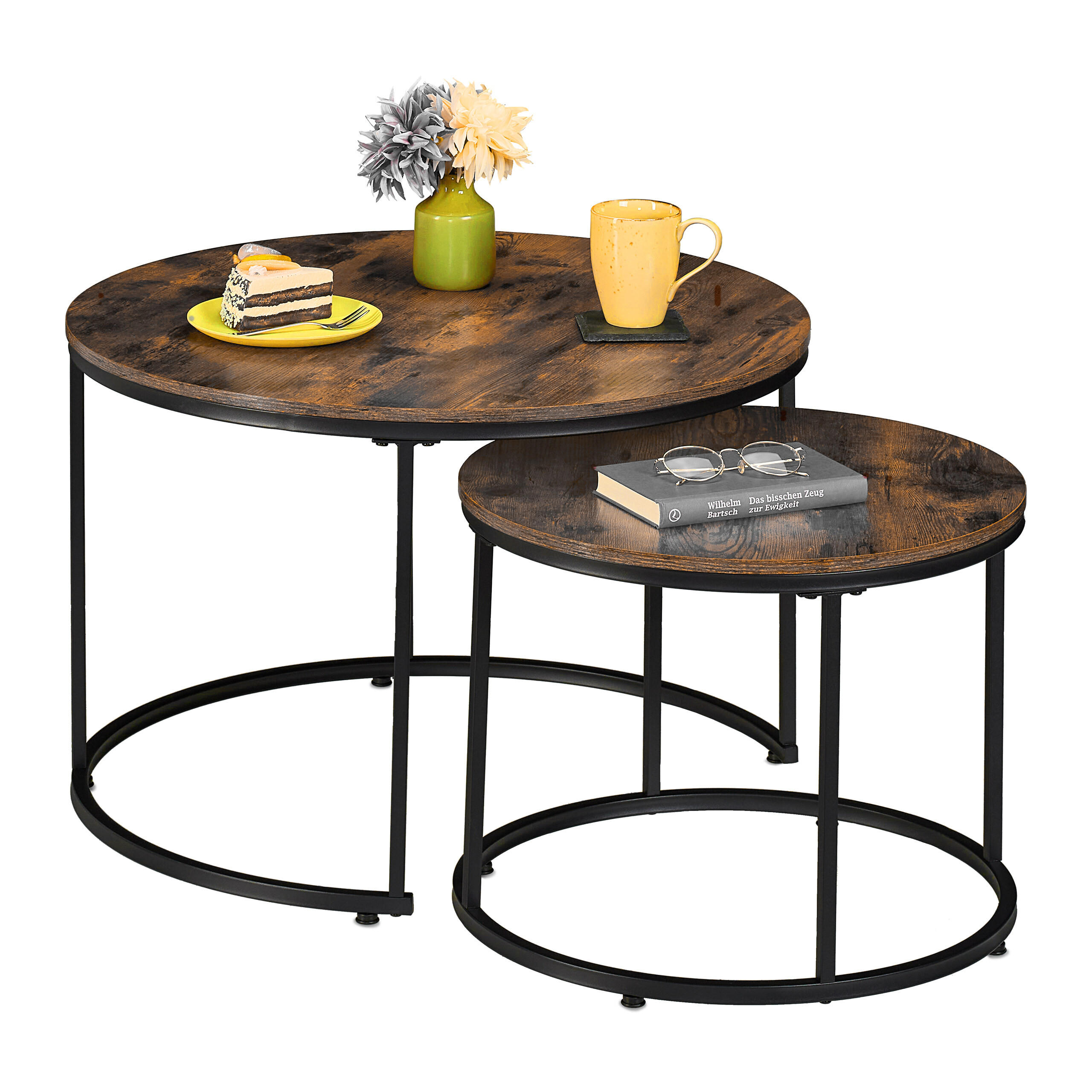 SATSBORD Brun Svart 2-pack metall runt - Multicolor, Träbaserade material/Metall (70/70/46cm) - Relaxdays