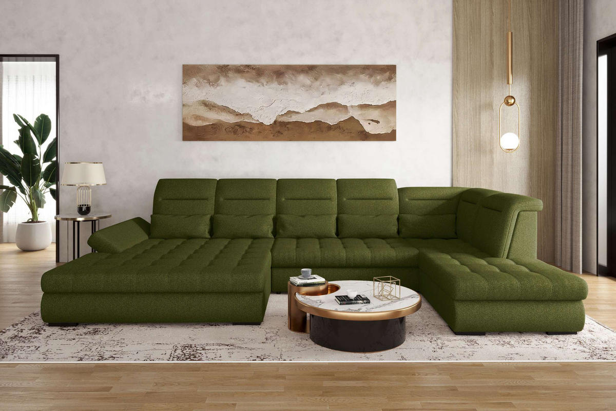 WOHNLANDSCHAFT Toscana Strukturstoff inkl. Schlaffunktion - Grün, Textil (208/87/358cm) - 99rooms