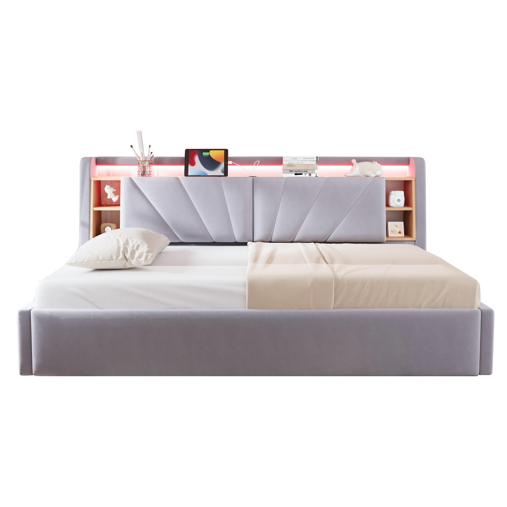 POLSTERBETT 90*200 cm mit LED, USB und Stauraum, Hellgrau - Hellgrau, Textil (90/200cm) - FLIEKS