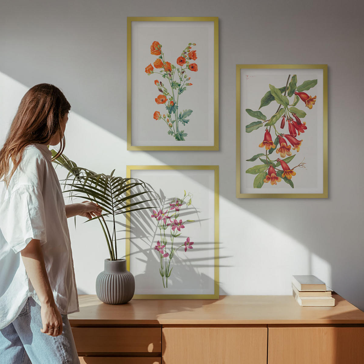 BILDER SET 3er Set - 40x60 cm Goldrahmen - Vintage-Retro-Blumenmalerei - Goldfarben, Kunststoff (40/60cm) - TULUP