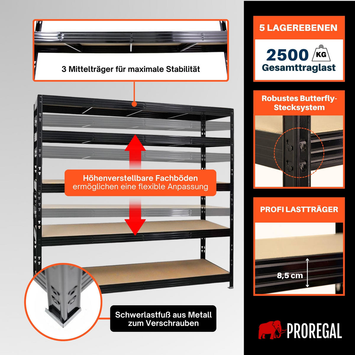 SCHWERLASTREGAL Rhino 180x200x60 cm 5 Spanplatten-Ebenen 8mm Fachlast 500 kg Schwarz - Schwarz, Metall (200/180/60cm) - PROREGAL