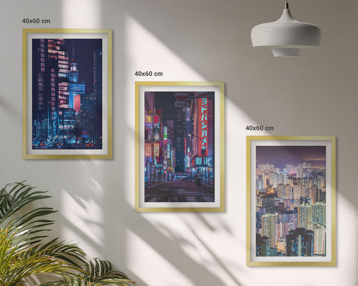 WANDBILDER 3er Set - 40x60 cm Goldrahmen - Neonlichter der nächtlichen Stadt - Goldfarben, Kunststoff (40/60cm) - ArtPrintCave