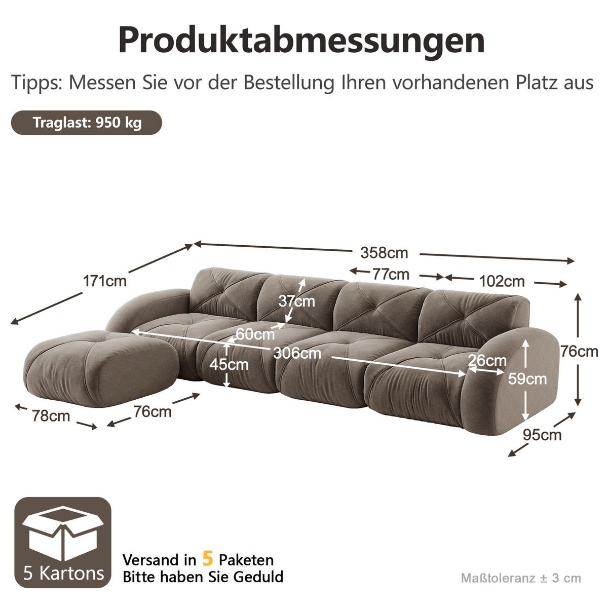 ECKSOFA in Taupe aus Chenille mit Hocker und flexibler Gestaltung - Taupe, Textil (171/358cm) - Flora Grace