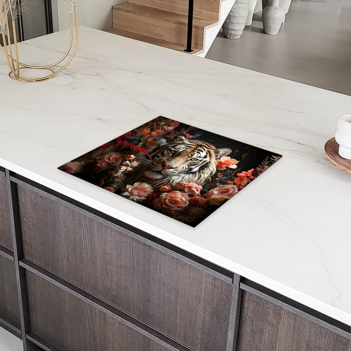 HERDABDECKPLATTE Tiger - Tier - Natur - Floral - Botanisch 58x51 cm - Orange, Kunststoff (58.3/51.3/0.2cm) - MuchoWow