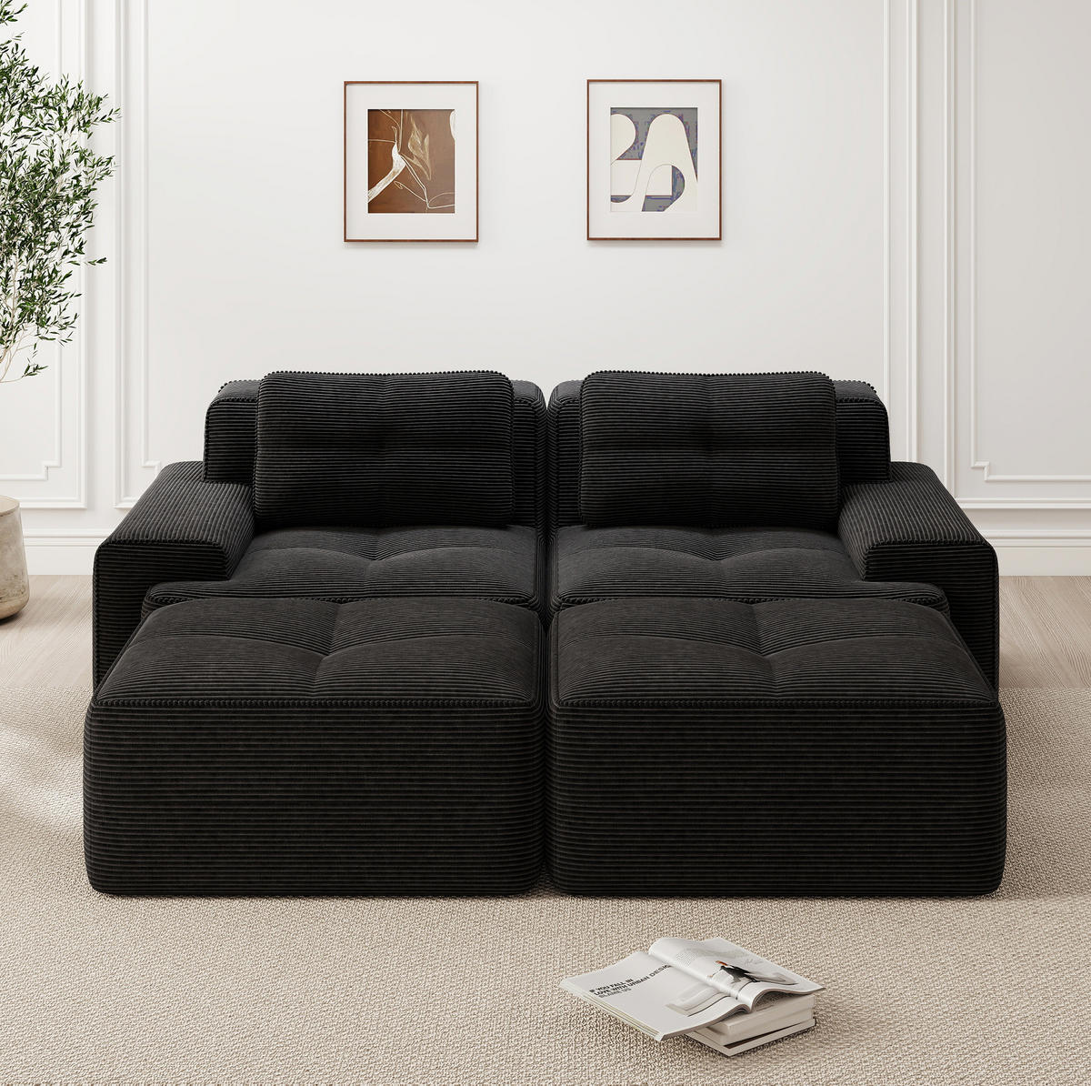MODULÁRNÍ pohovka z manšestru 204x177x69 cm černá bez montáže s hlubokým sedem a flexibilním uspořádáním - černá, textil (177/69/204cm) - Modfu