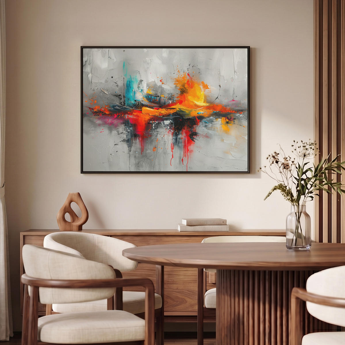 LEINWAND Bilder mit Rahmen - Moderne Kunst - Orange - Grau - Abstrakt - 100x70 - Hellgrau, Textil (100/70cm) - MuchoWow
