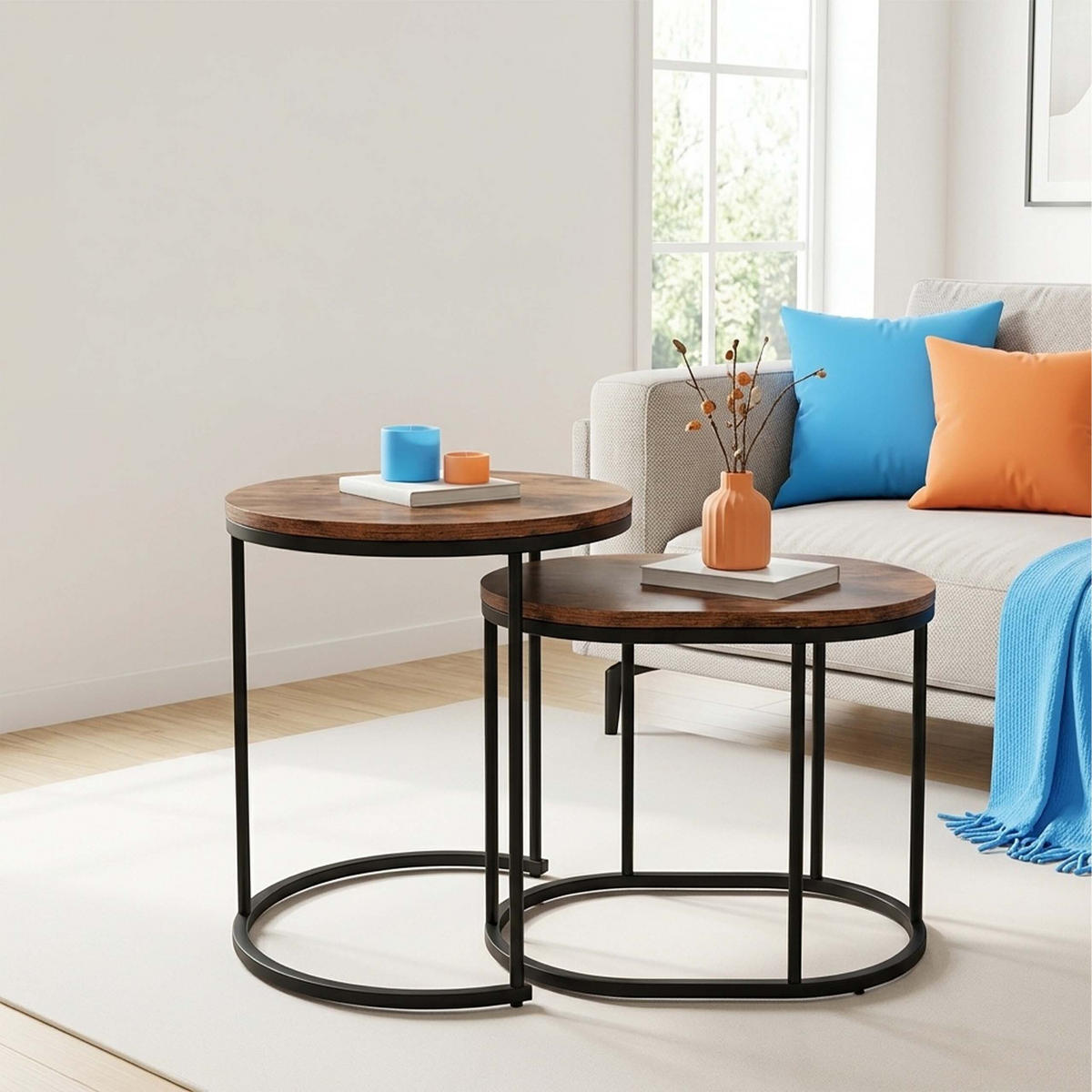 MĂSUȚE Maro Negru 2er-Set MDF metal aspect lemn rotund oval 51x40 cm - multicolor, material plastic/compozit lemnos (40/40/51cm) - Relaxdays