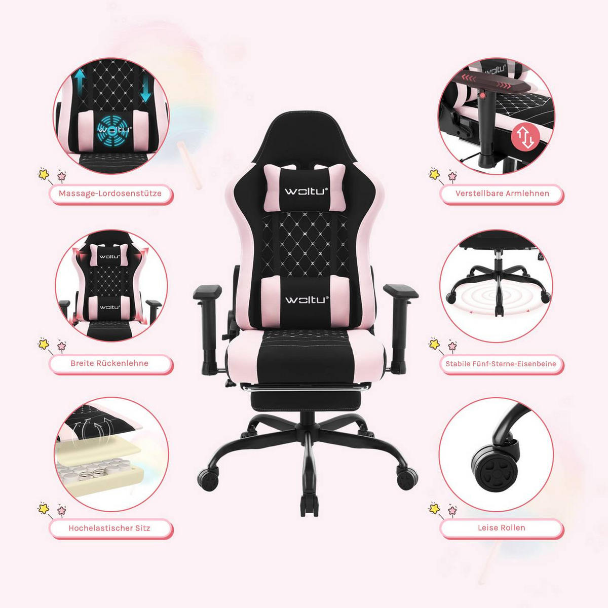 GAMINGSTUHL mit Lendenkissen, Massagefunktion, Schwarz+Rosa - Schwarz/Rosa, Textil/Metall (70/129/57.5cm) - Woltu