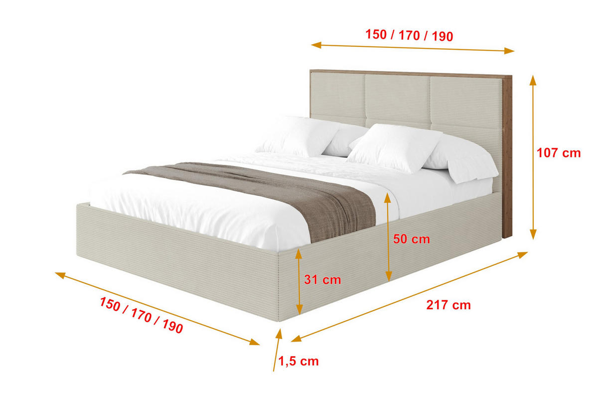 POLSTERBETT mit Bettkasten und Lattenrost, Bett mit Matratze H3/H4 - LILA 140x200 Creme - Creme, Holzwerkstoff/Textil (140/200cm) - ALTDECOR