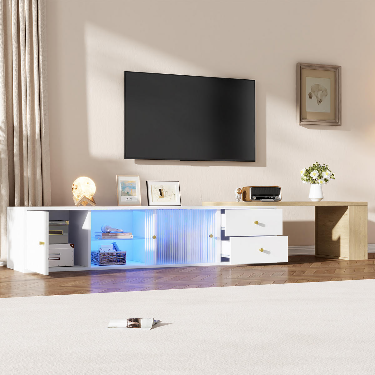 TV-LOWBOARD LED Ausziehbar Schubladen Glas Türen Weiß Holz - Multicolor, Holzwerkstoff (175/38/40cm) - FLIEKS