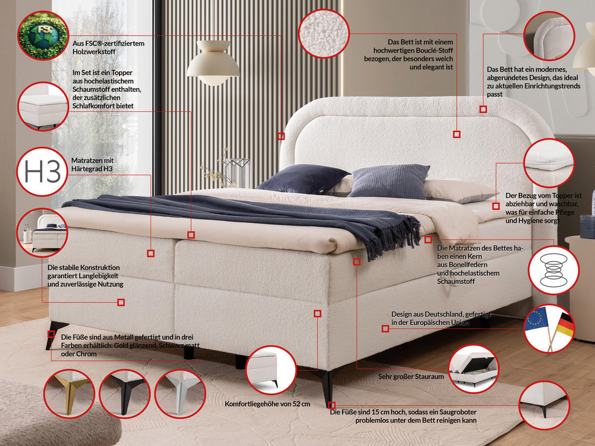 BOXBETT Sonna 140/200 cm Weiß Bouclé-Stoff mit abgerundetem Kopfteil und mit schwarzen Metallfüße - Schwarz/Weiß, Holz/Textil (140/200cm) - S-Style Möbel