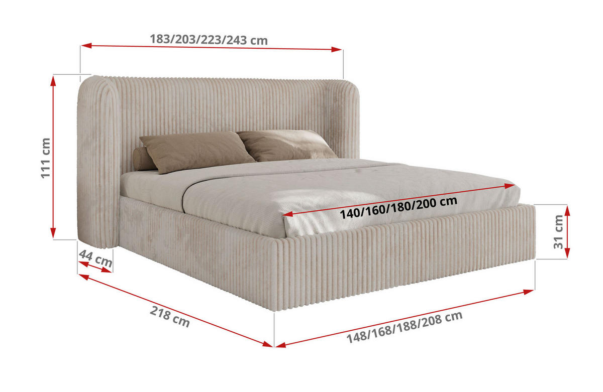 POLSTERBETT EMORA CLASSIC 140/200 - Beige Cord - Pocket-Matratze - Beige, Textil (140/200cm) - MKS
