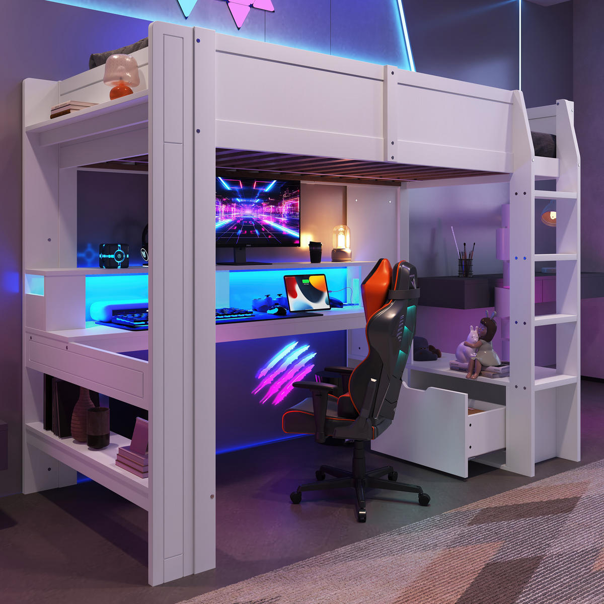 HOCHBETT 90x200cm Weiß Gaming Schreibtisch LED-Licht Schublade Regale - Weiß, Holz (90/200cm) - FLIEKS