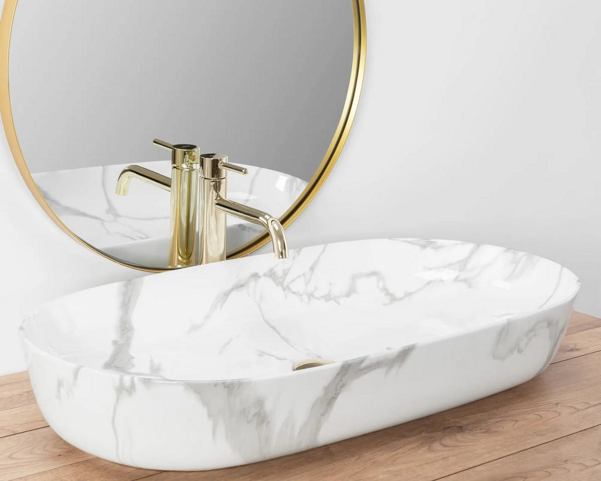 AUFSATZWASCHBECKEN Rea Cleo 81 Shiny Marmo - Weiß, Keramik (41/13.5/81cm) - REA