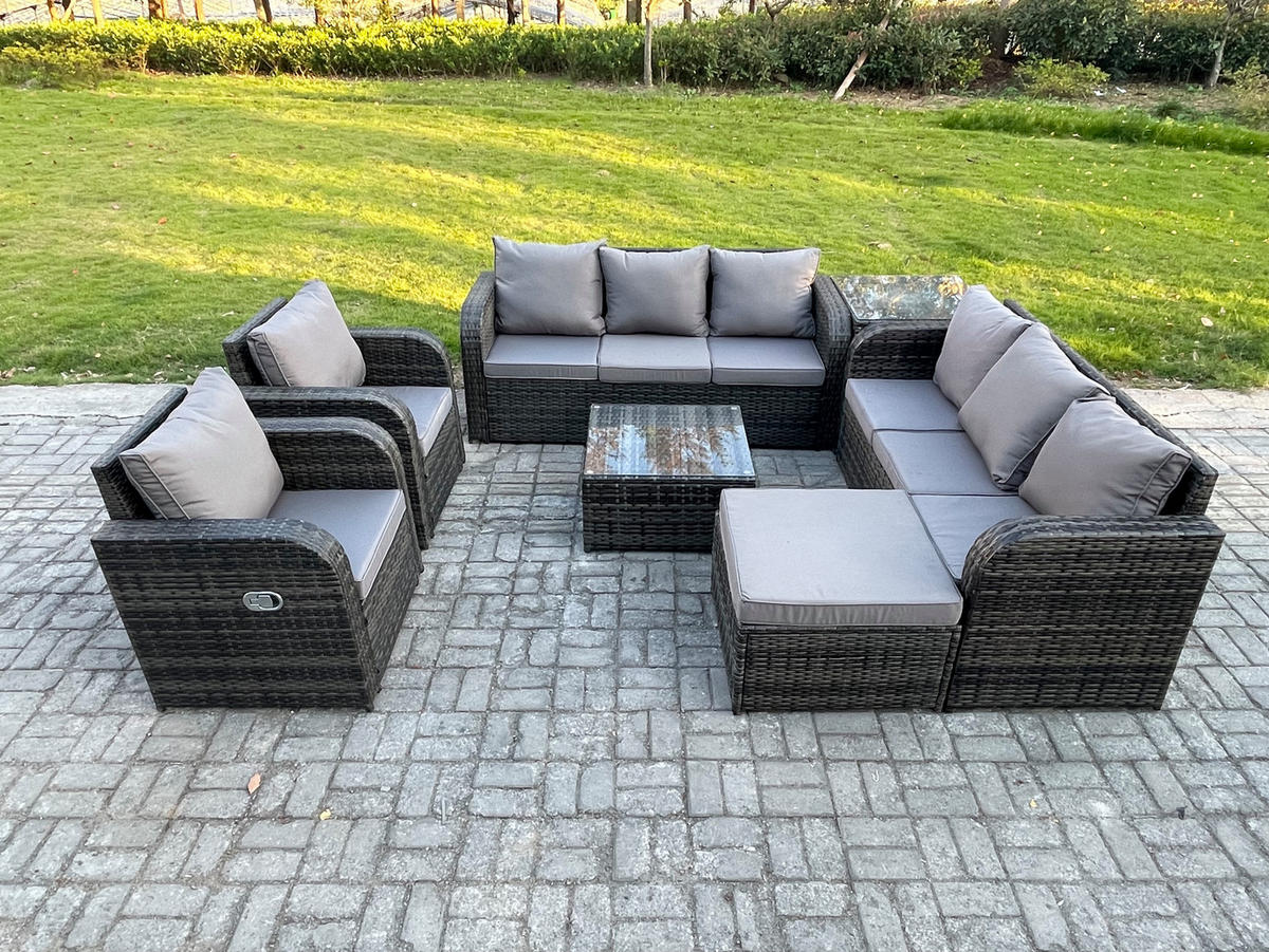 GARTENTISCHGRUPPE Polyrattan Dunkelgrau 7-teilige - Dunkelgrau/Grau, Glas/Kunststoff - Fimous