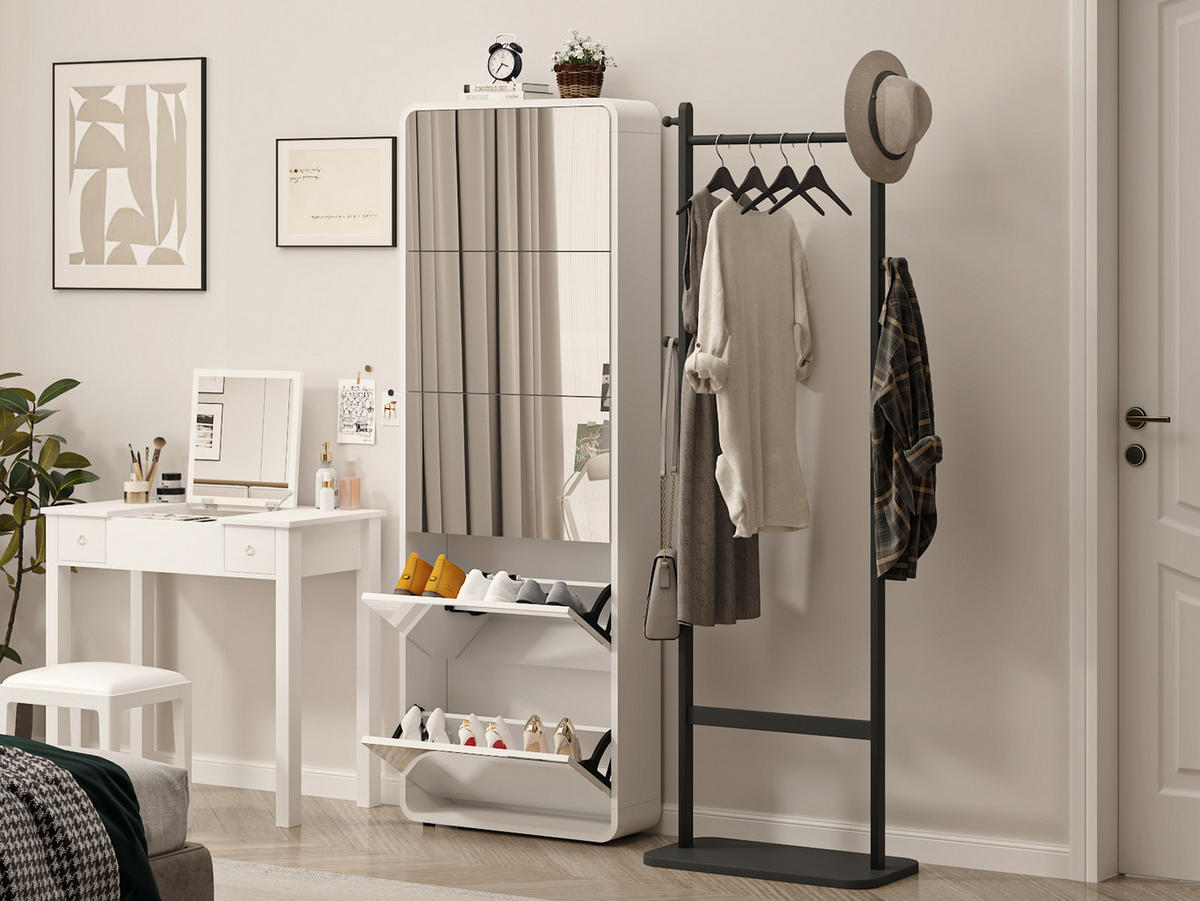 SCHUHSCHRANK aus MDF 176cm in Weiß mit Ganzkörperspiegel - Weiß, Holzwerkstoff (63/176/19.5cm) - Modfu