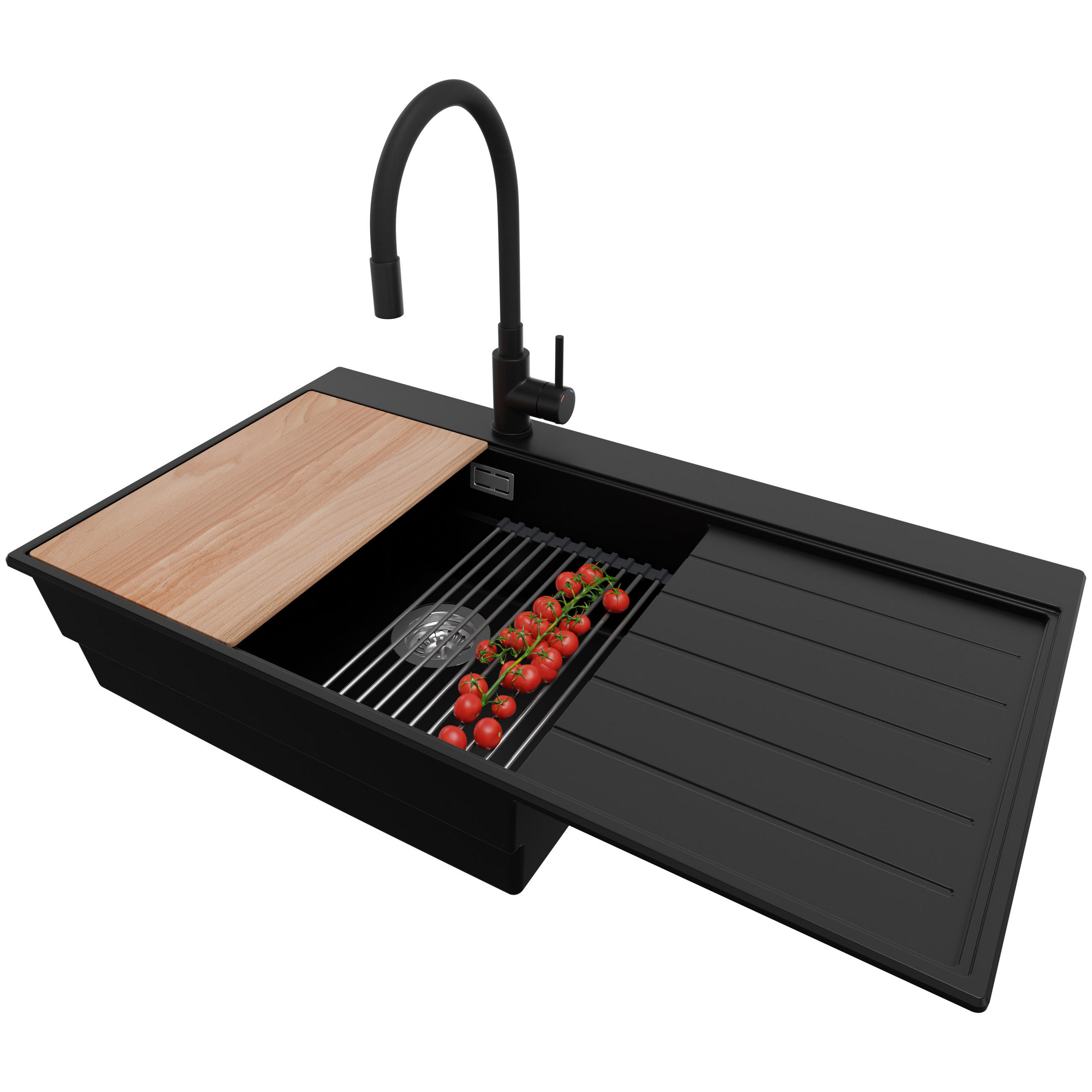 GRANITSPÜLE Sydney, 2-er set Schwarz 90/50 cm 1 Becken + Küchenarmatur 40/38 cm + Ablauf-Set + Küchenzubehörset ab 60er Unterschrank - Chromfarben/Beige, Kunststoff (90/20/50cm) - Primagran