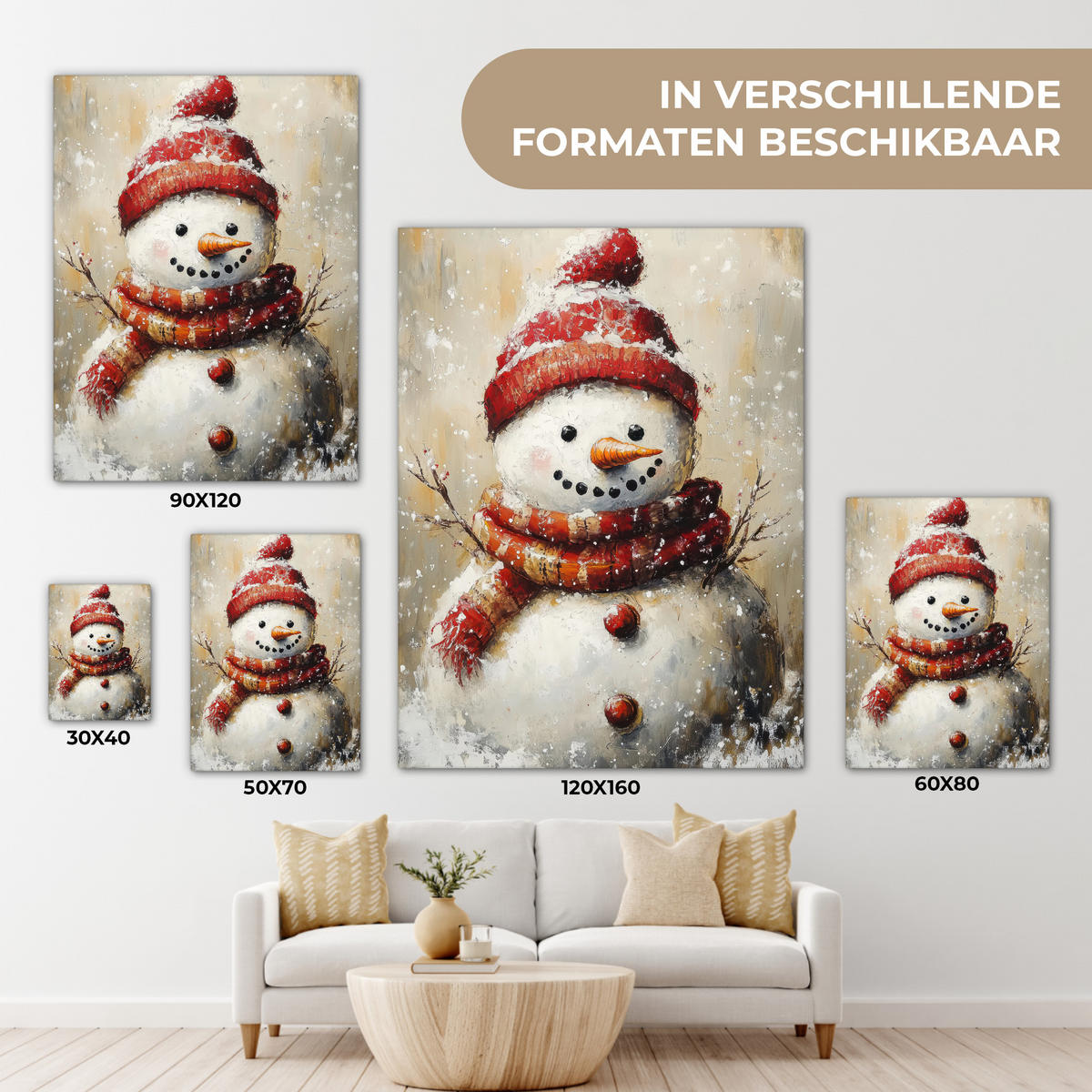 LEINWANDBILD Schneemann - Winter - Schnee - Beige 60x80 cm - Weiß, Textil (60/80cm) - MuchoWow
