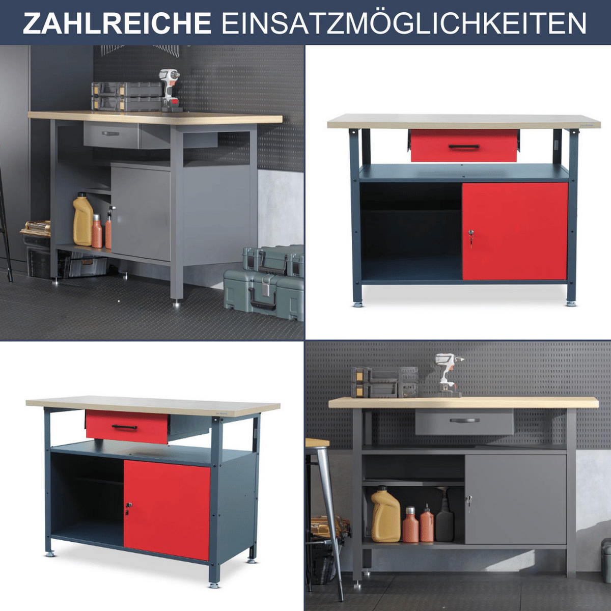 WERKBANK Werkstatt ERWA 85x120x60cm Anthrazit-Rot - Anthrazit, Metall (120/85/60cm) - DELUKE